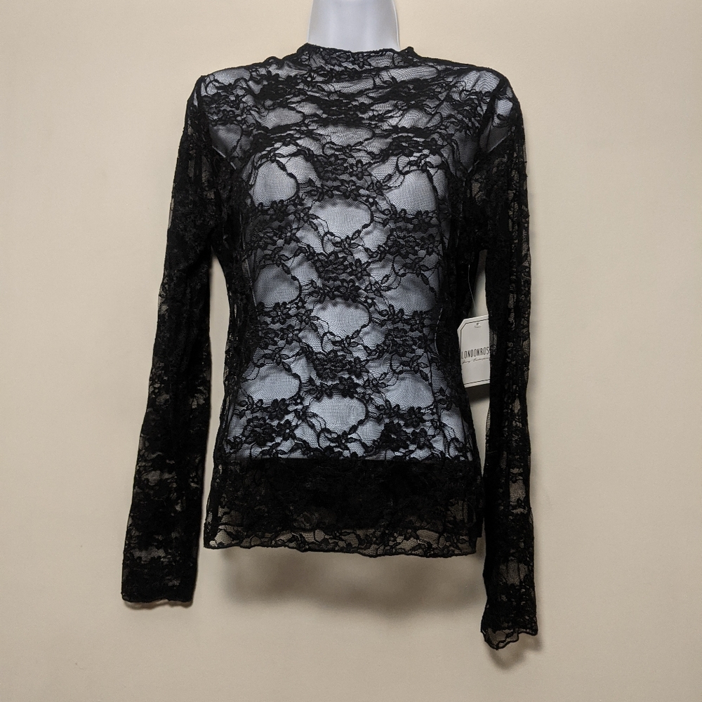 London Rose Black Stretch Lace Long Sleeve  Top L